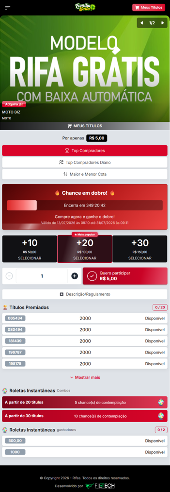 Página de compra de números de rifa vista pelo participante, feita com o sistema Filtech